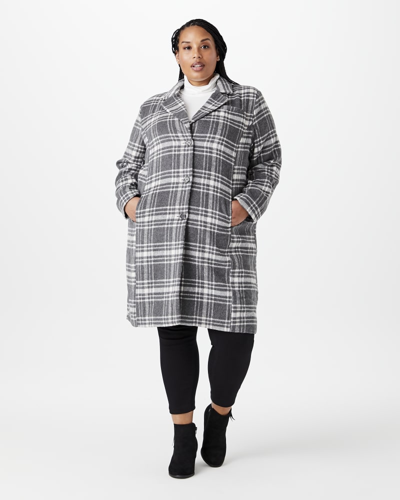 Plus size model with hourglass body shape wearing Maryam Plaid Long Coat by East Adeline | Dia&Co | dia_product_style_image_id:144420